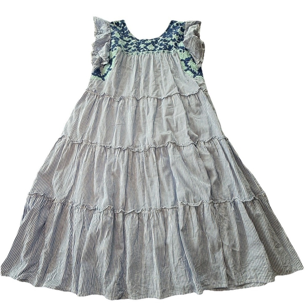 J Marie Kennedy Embroidered Tiered Dress Blue‎ Stripe Flutter Sleeve Boho M - Picture 2 of 9